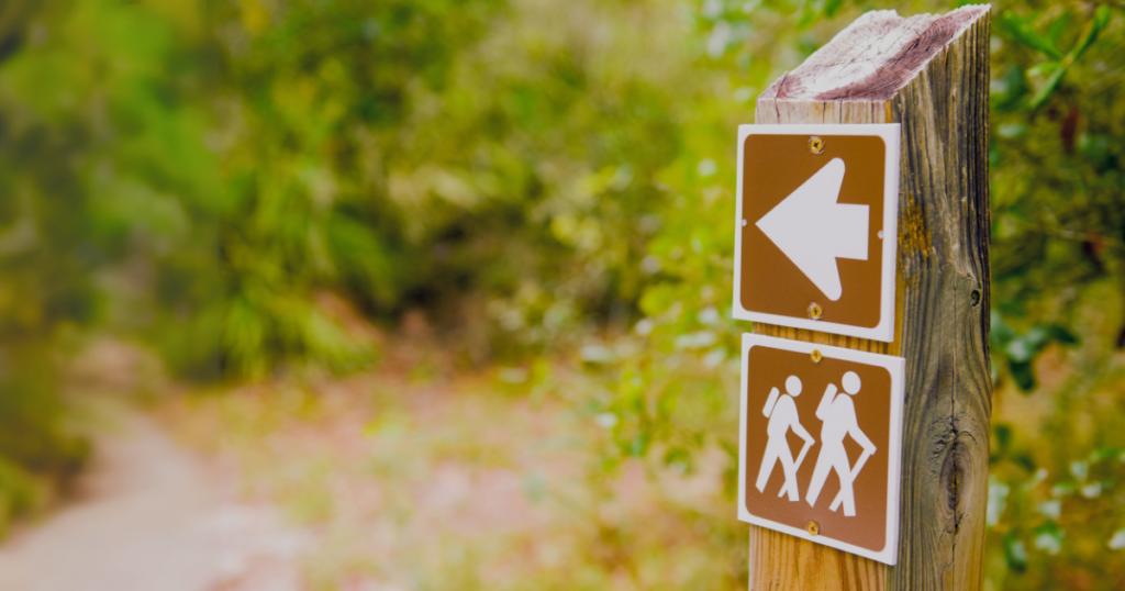 A trail sign in the woods pointing towards the trail