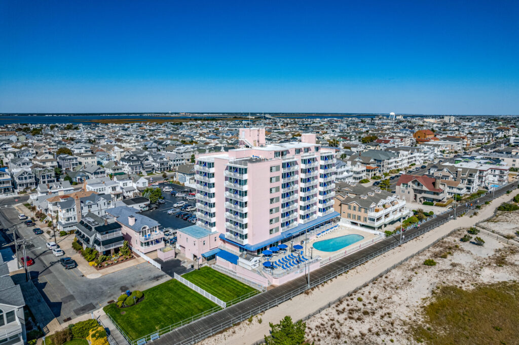 Aerial view of the Port-O-Call Hotel with downtown Ocean City, NJ, behind it